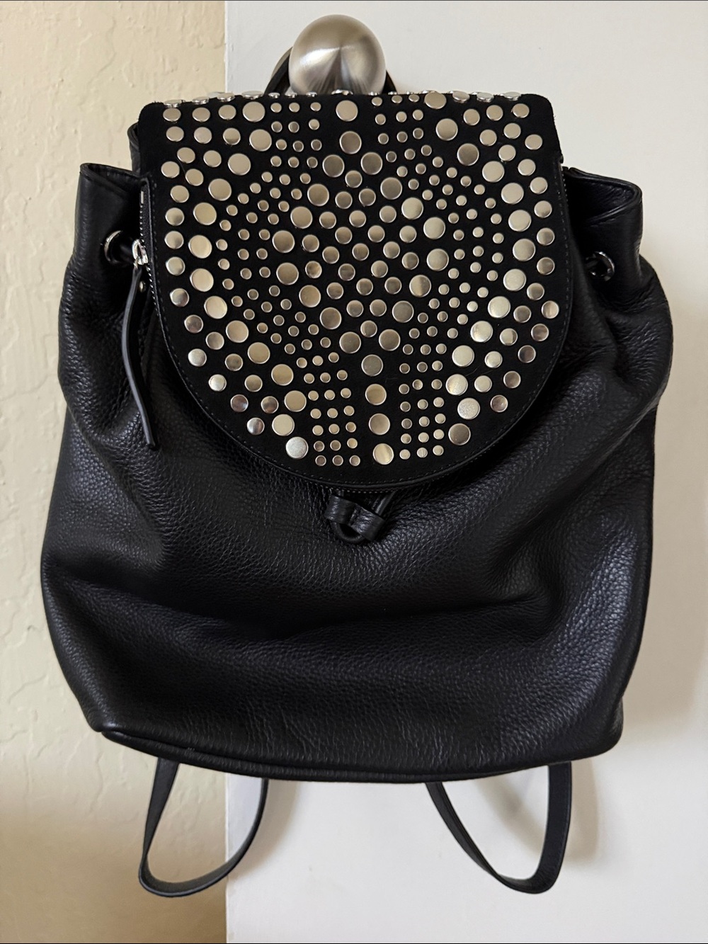 Vince Camuto Black Leather Backpack with Silver Studded Flap